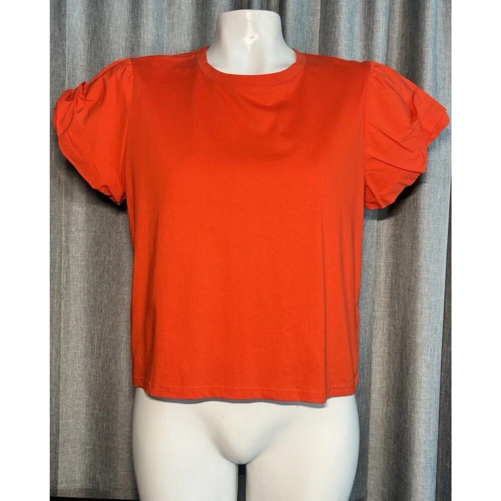 Zara NWT Womens Solid Red Crew Neck Puff Short Sleeve Crop Top Size Small